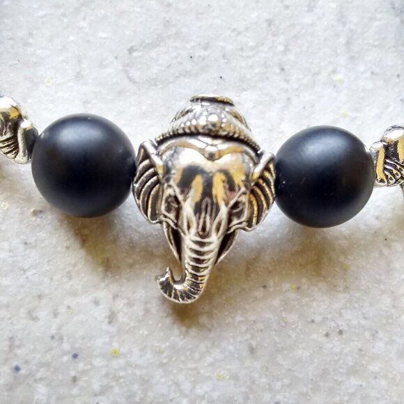 Heavy & Ornate! Black & Silver Elephant Stretch Bracelet - Black Stone Beads 7" - Picture 2 of 8